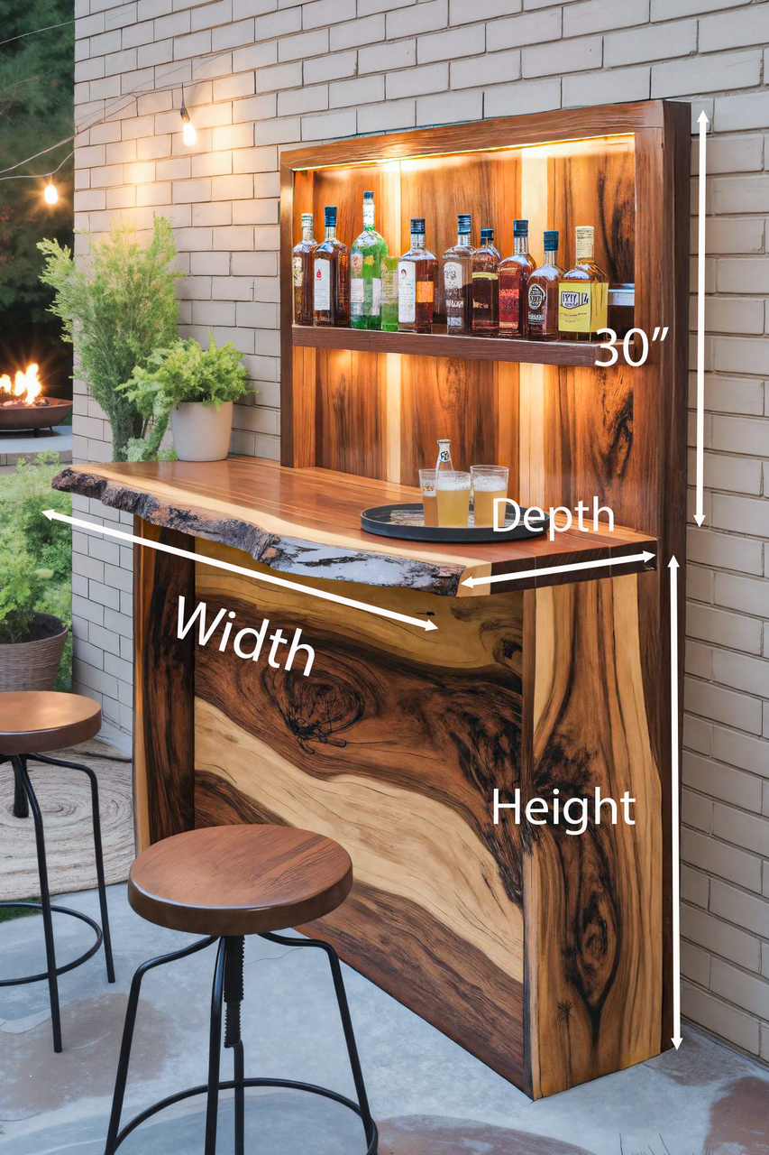 Rustic Live Edge Outdoor Bar Counter With Shelves For Patio
