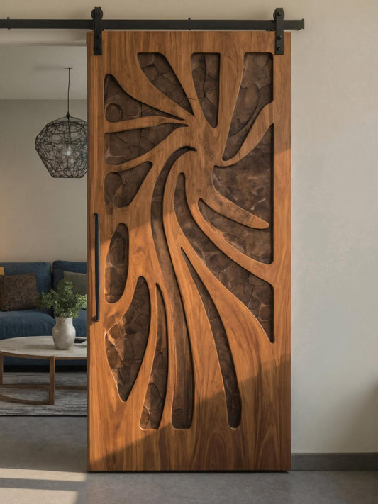 Artistic Sliding Door With Layered Carved Design For Interior