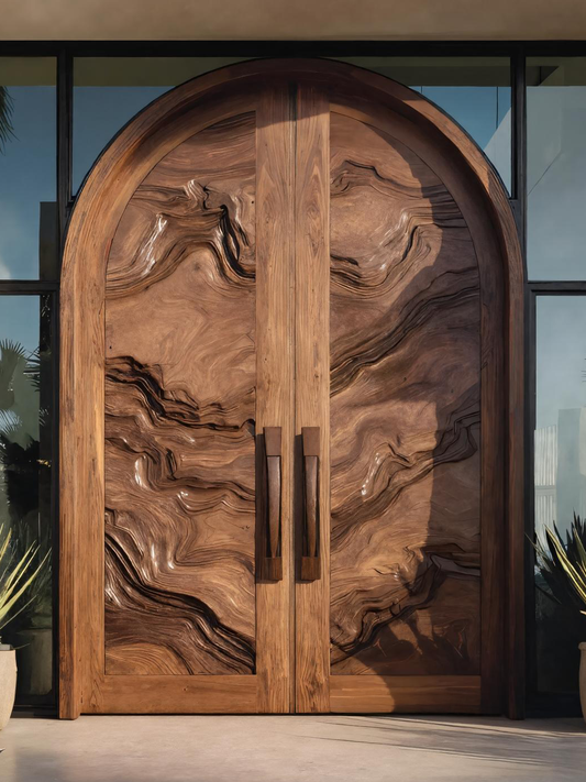 Arched Sculptural Double Front Door With Organic Design For Entryway