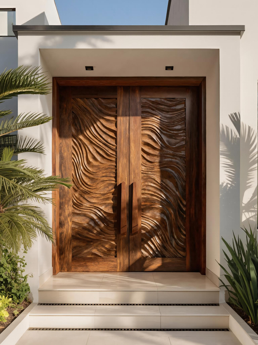 Sculptural Double Front Door With Wave Pattern For Entryway
