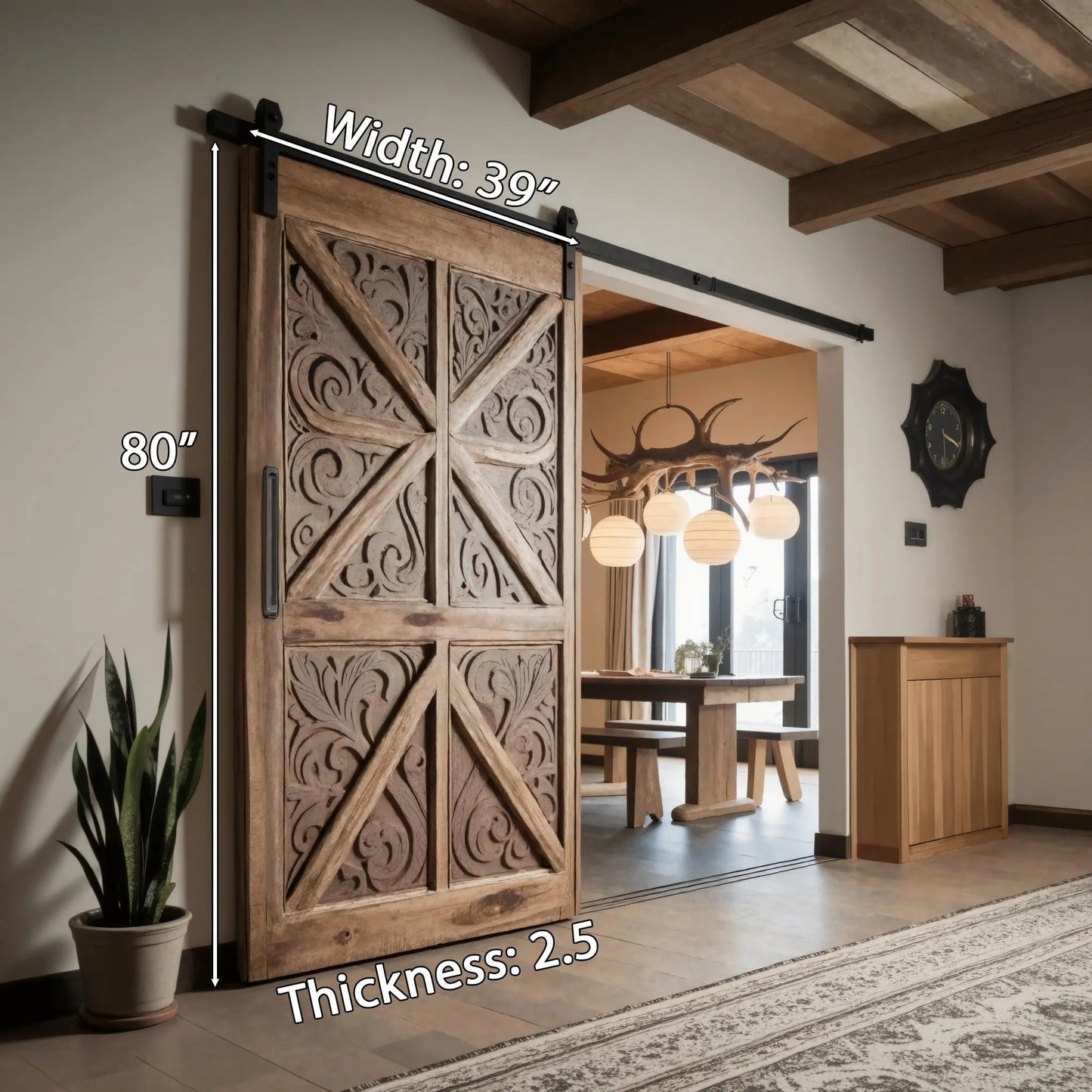 Rustic Sliding Door With Carved Floral Panels For Room Divider