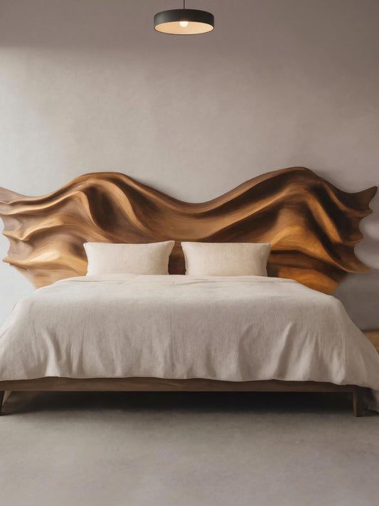 Artistic Sculptural Headboard With Wave Carving For Bedroom