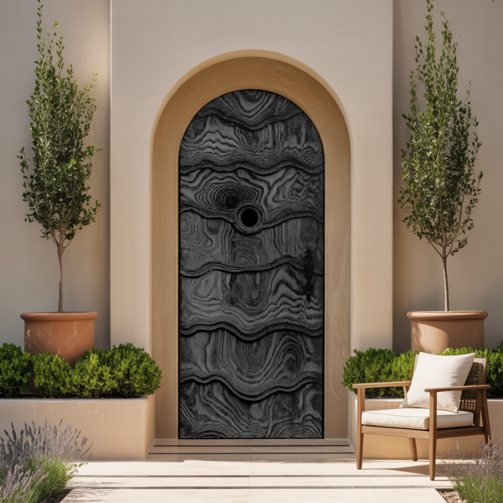 Artistic Arched Front Door With Carved Wave For Villa Or Architecture