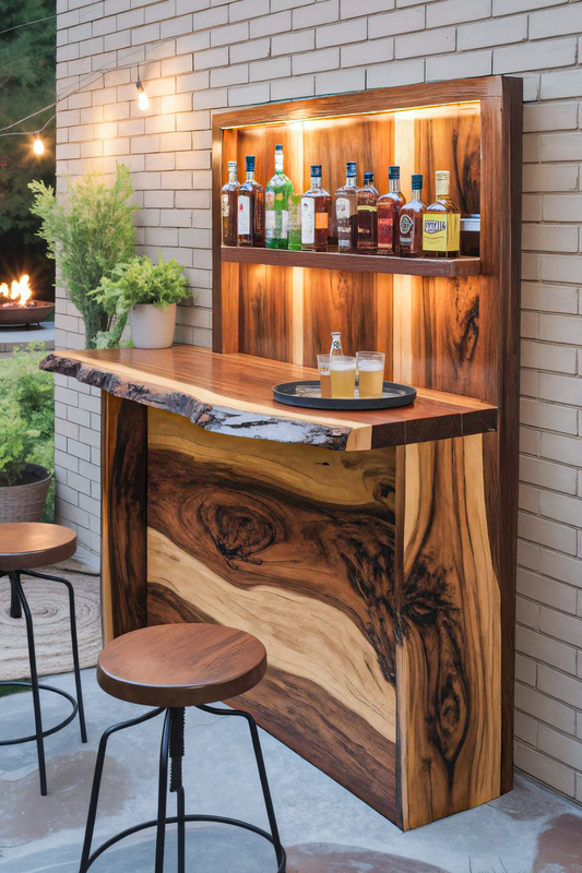Rustic Live Edge Outdoor Bar Counter With Shelves For Patio