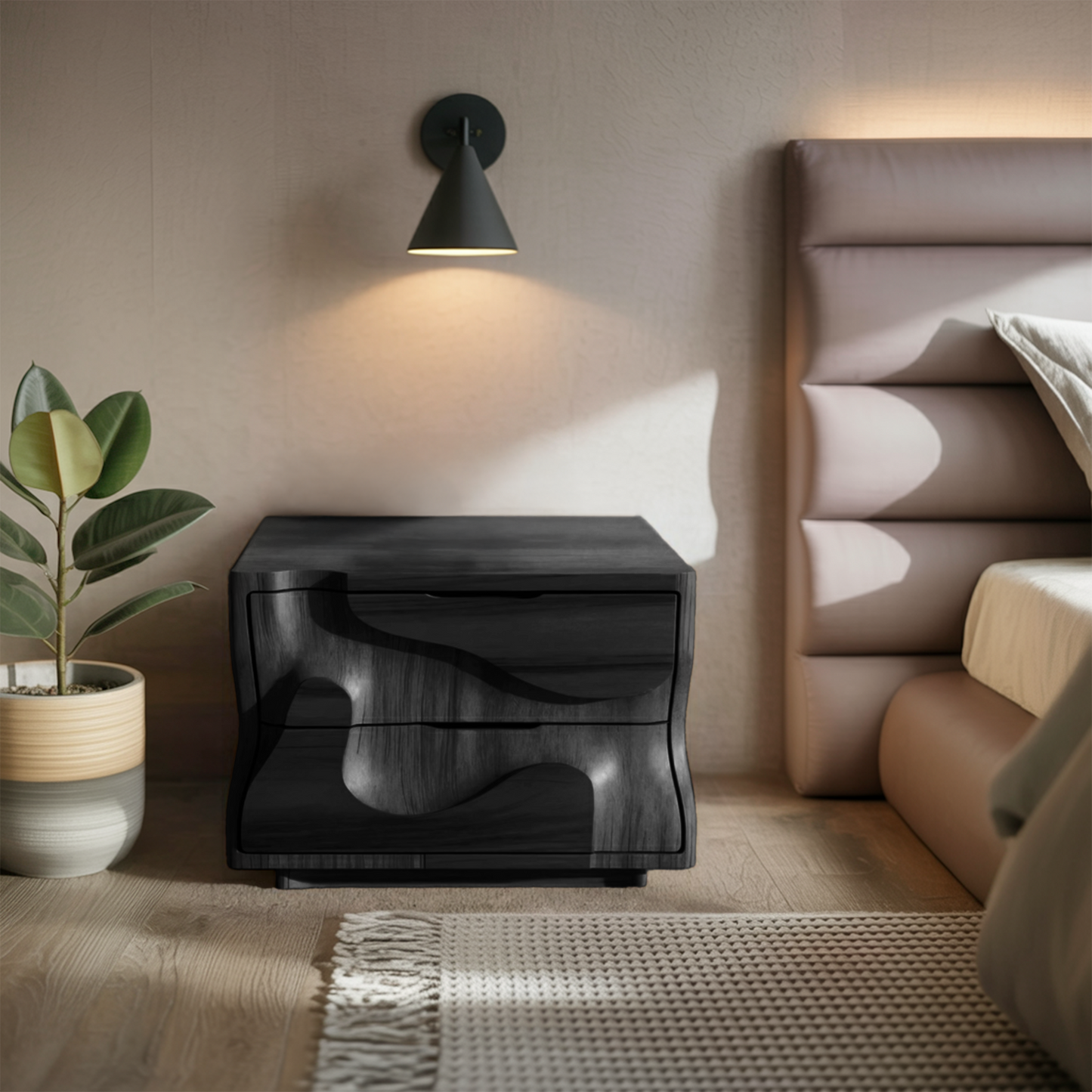 Modern Wavy Nightstand with Carved Drawer Cabinet For Bedroom And Living Room