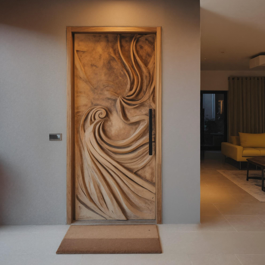 Artistic Carved Door With Flowing Wave For Entryway Or Interior