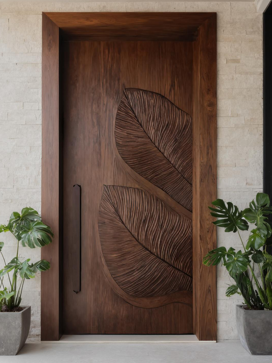 Carved Door With Tropical Leaf Design For Entryway