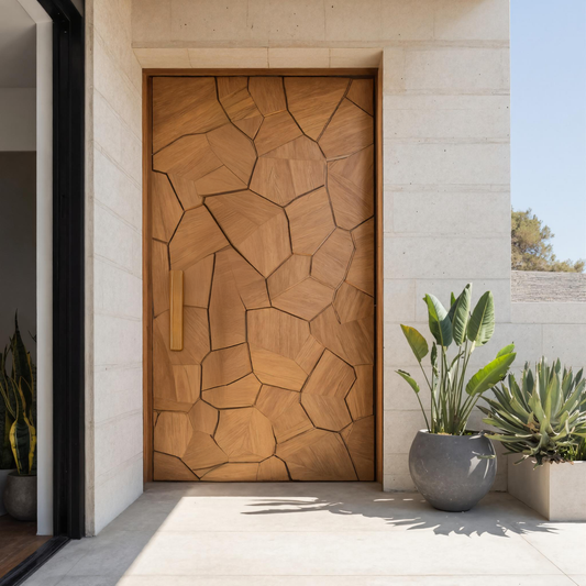 Carved Door With Geometric Polygon Pattern For Entryway