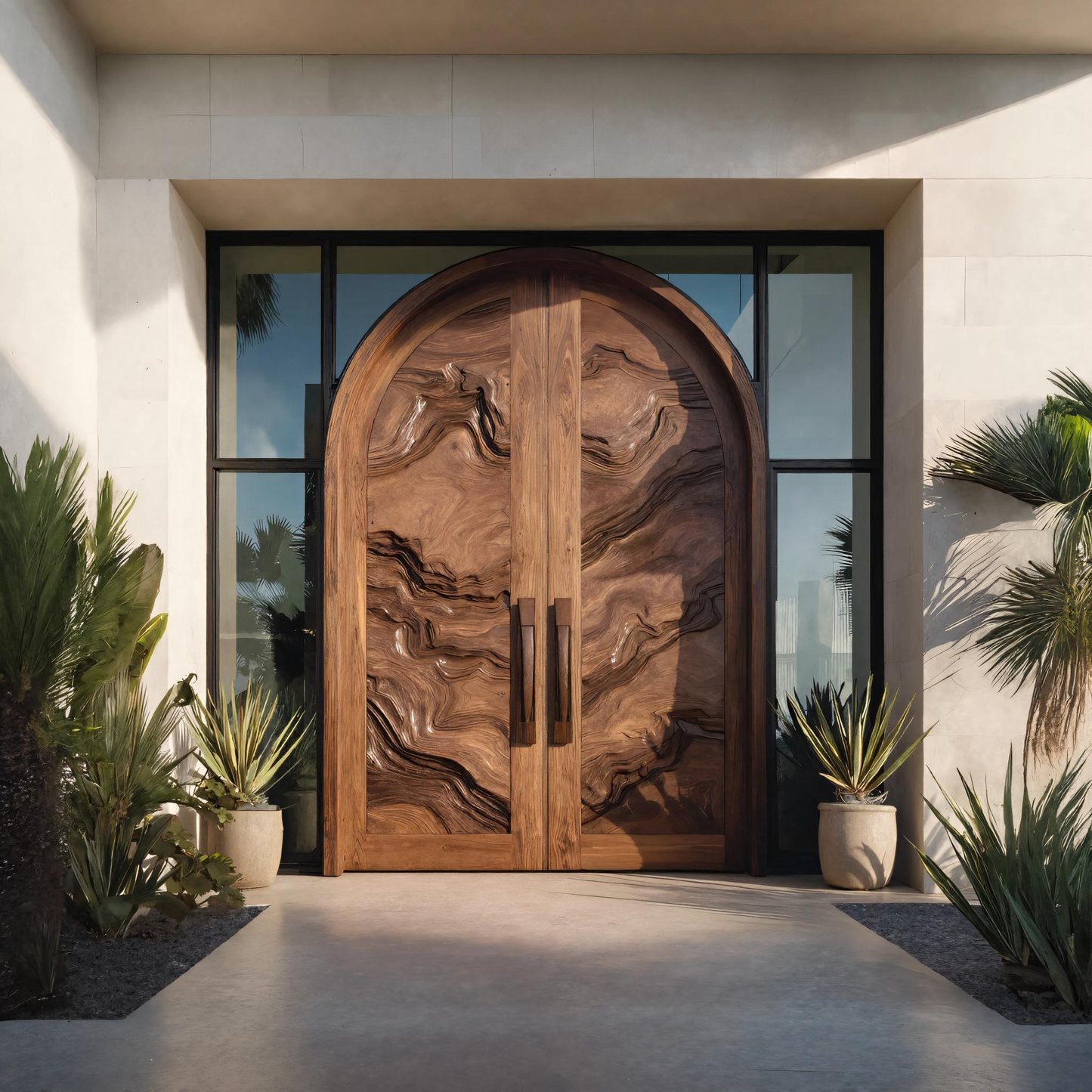 Arched Sculptural Double Front Door With Organic Design For Entryway