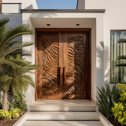 Sculptural Double Front Door With Wave Pattern For Entryway