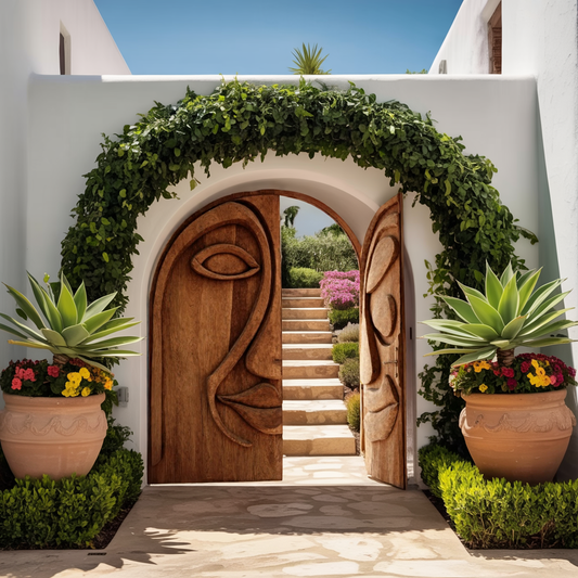 Artistic Face Carved Entry Door For Villa Entrance