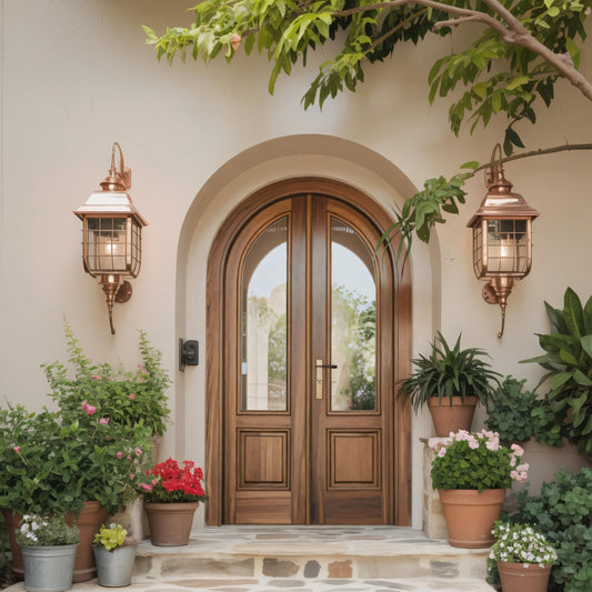 Arched Double Entry Door With Glass Panels For Mediterranean And Spanish Homes