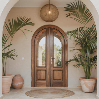 Arched Double Entry Door With Glass Panels For Mediterranean And Spanish Homes