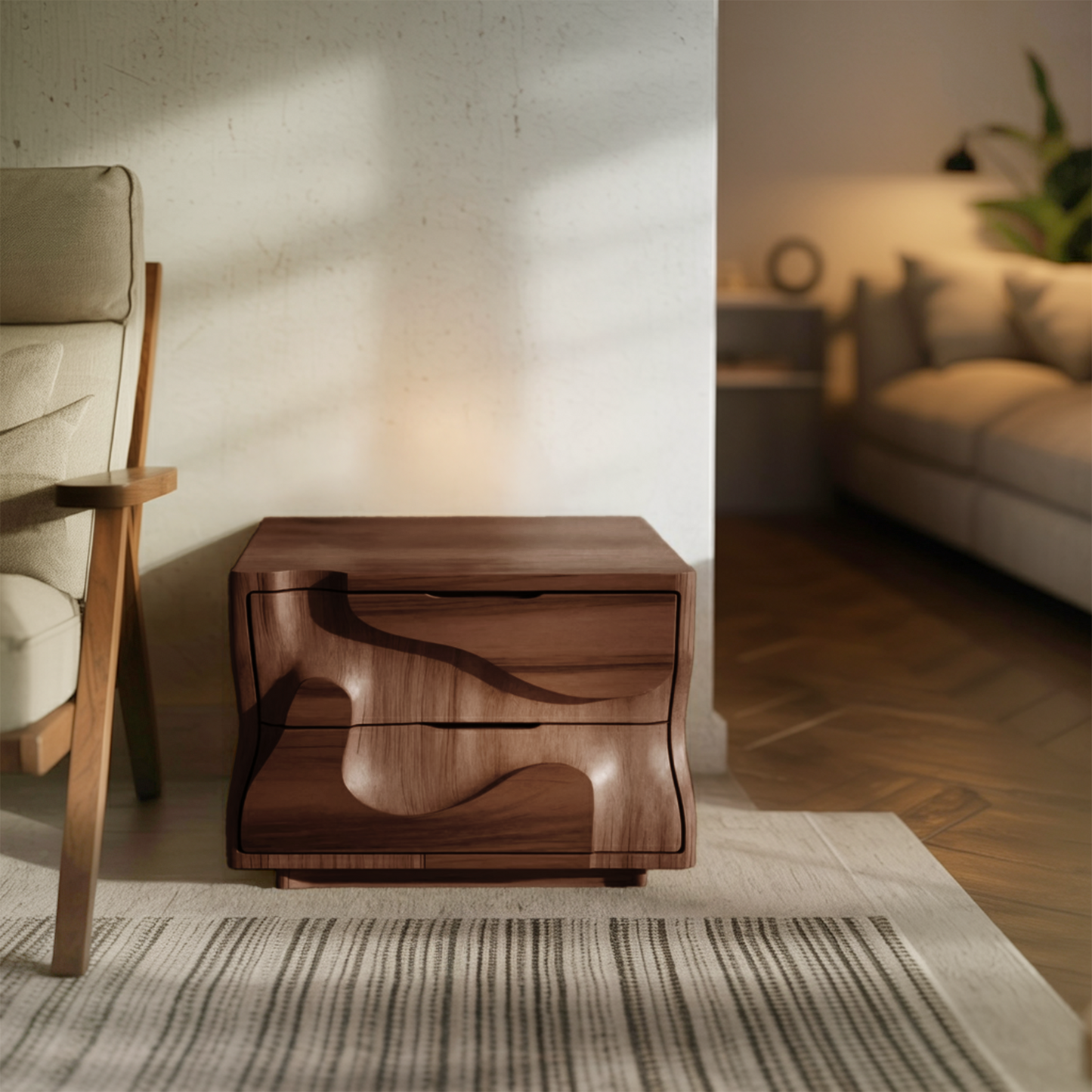 Modern Wavy Nightstand with Carved Drawer Cabinet For Bedroom And Living Room